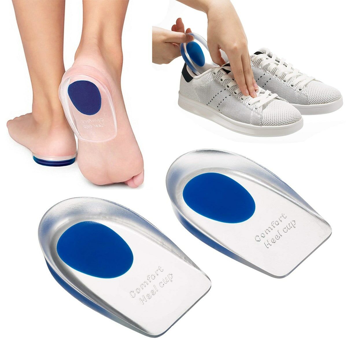 Blaue und transparente Fersenkappe auf weißen und blauen Schuhen